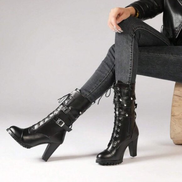 Women's High-heeled Lace-up Platform Boots - Picture 3 of 6